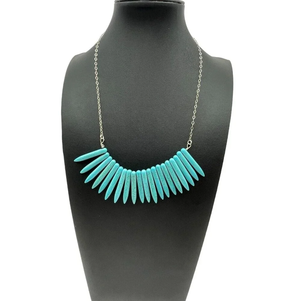Blue Howlite Turquoise Graduated Spike Points Beads Sterling Silver 925 Necklace